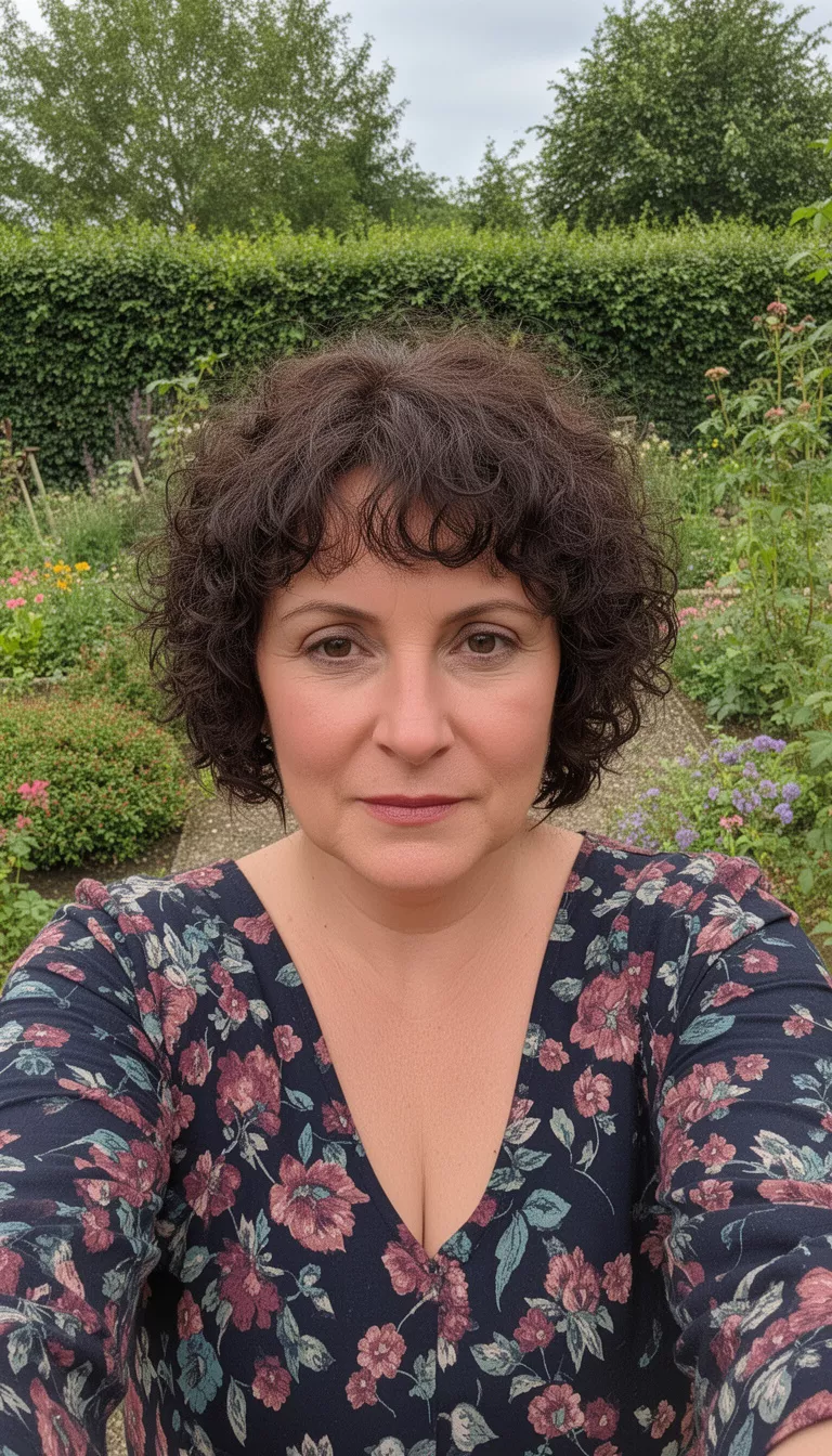selfie of a 42-year-old woman wearing a dark floral top with a dark brown colored short curly hairstyle, front view, garden background.