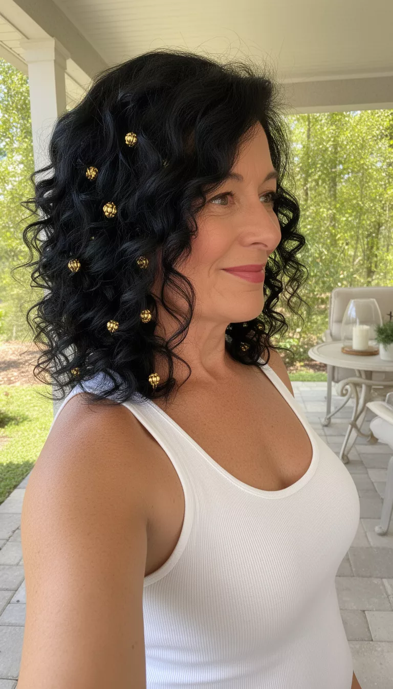 selfie of a 45-year-old woman wearing a white tank top with a black hair colored voluminous medium-length curly hair with gold beads hairstyle, side view, bright patio background.