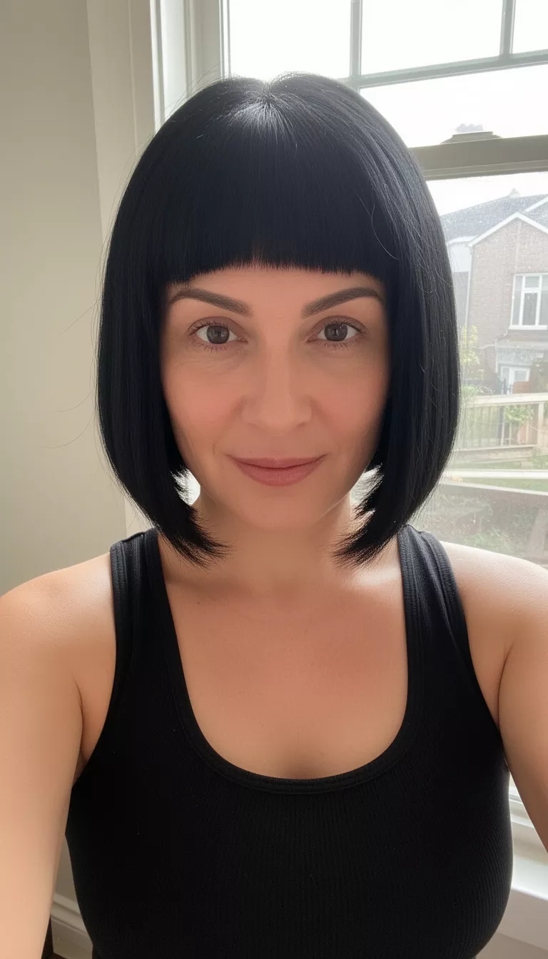 selfie of a 39-year-old woman wearing a black tank top with a black hair colored sleek chin-length bob hairstyle, front view, natural light window background.