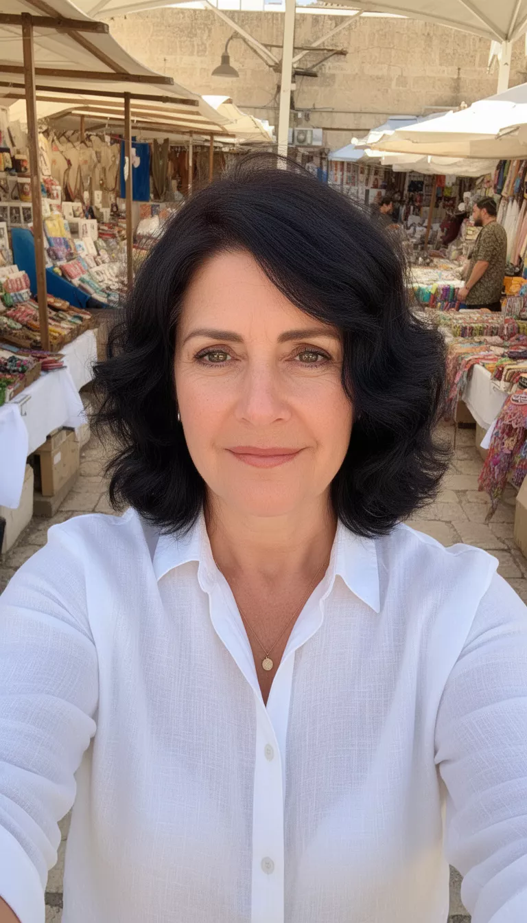 selfie of a 48-year-old woman wearing a white linen shirt with a dark hair colored wavy bob hairstyle, front view, bright outdoor marketplace background.