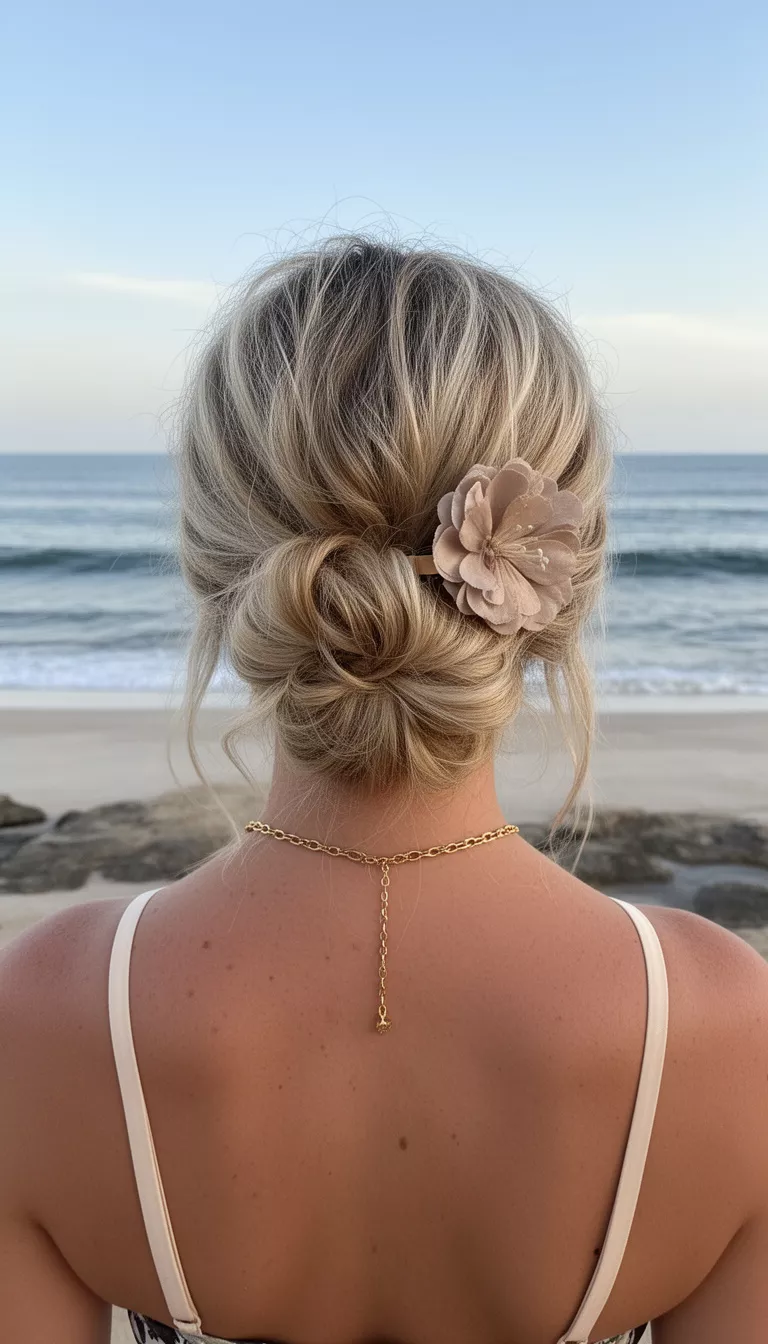 casual photo of a 38-year-old woman wearing a gold chain with a blonde hair colored messy voluminous low bun with a large flower clip hairstyle, back view, coastal beach background.