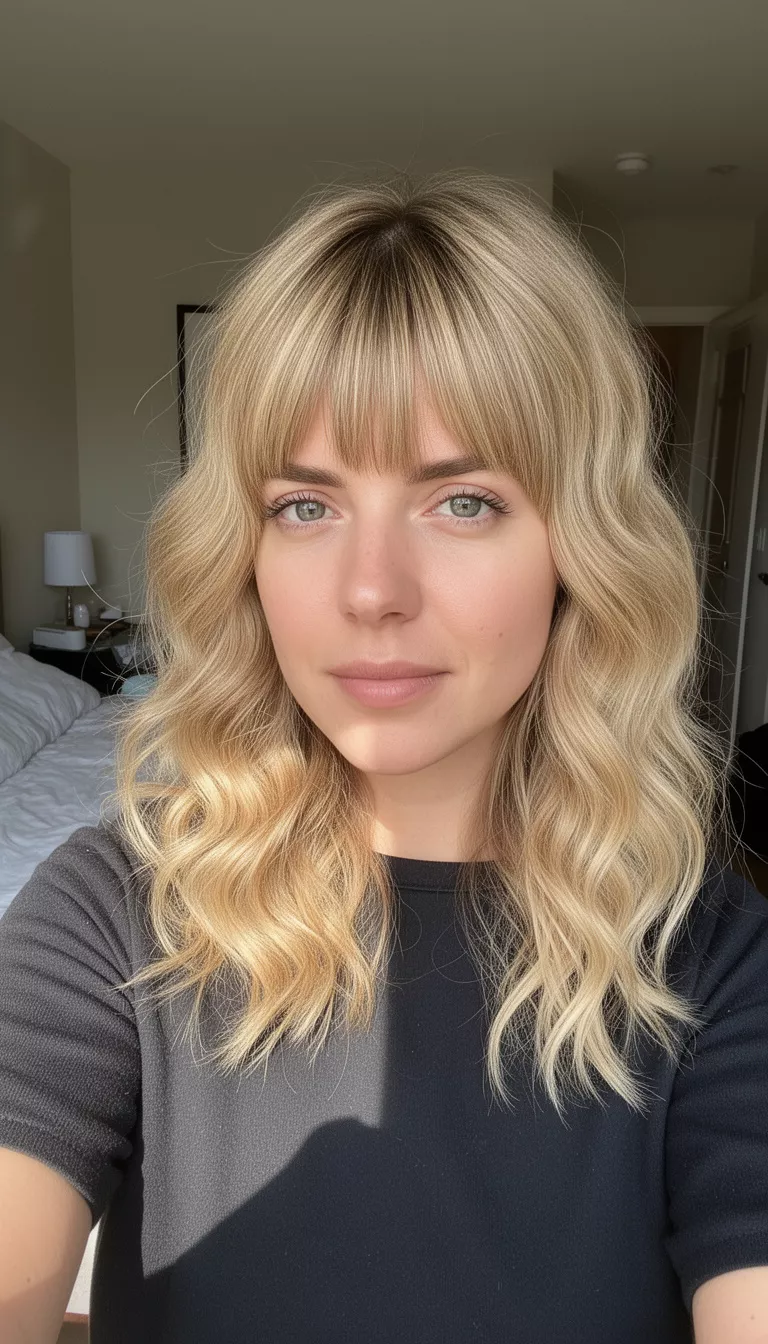 selfie of a 29-year-old woman wearing a dark top with a blonde hair colored layered wavy medium-length hairstyle with bangs hairstyle, front view, sunlit bedroom background.