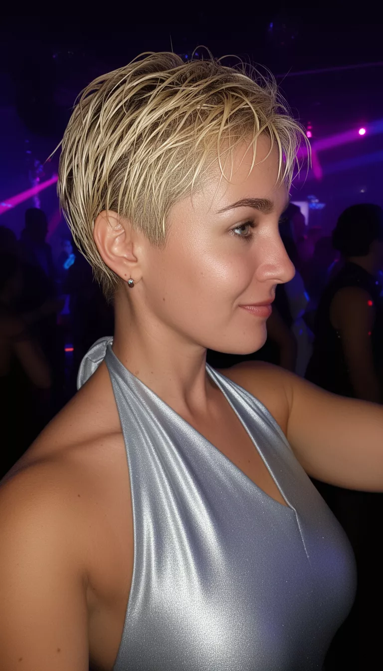 selfie of a 36-year-old woman wearing a silver halter top with a blonde hair colored very short wet-look hairstyle, side view, night club background.