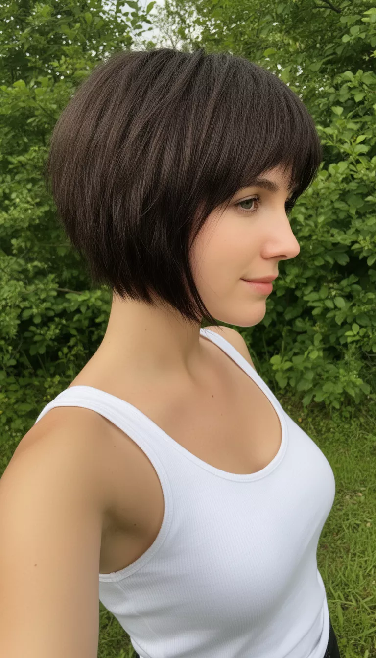 selfie of a 28-year-old woman wearing a white tank top with a dark brown hair colored short choppy hairstyle, side view, outdoor greenery background.
