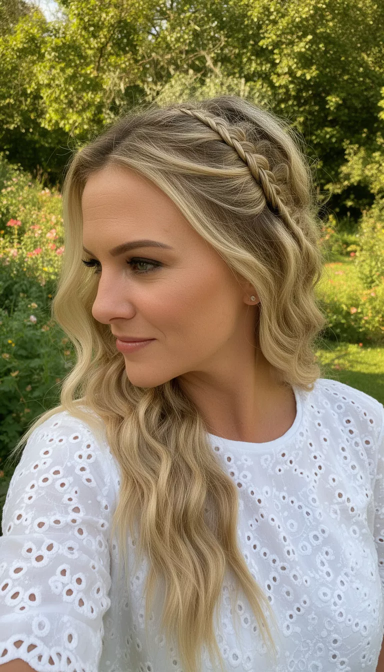 selfie of a 33-year-old woman wearing a white eyelet top with a blonde hair colored long wavy hair with face-framing braids hairstyle, side view, sunlit garden background.