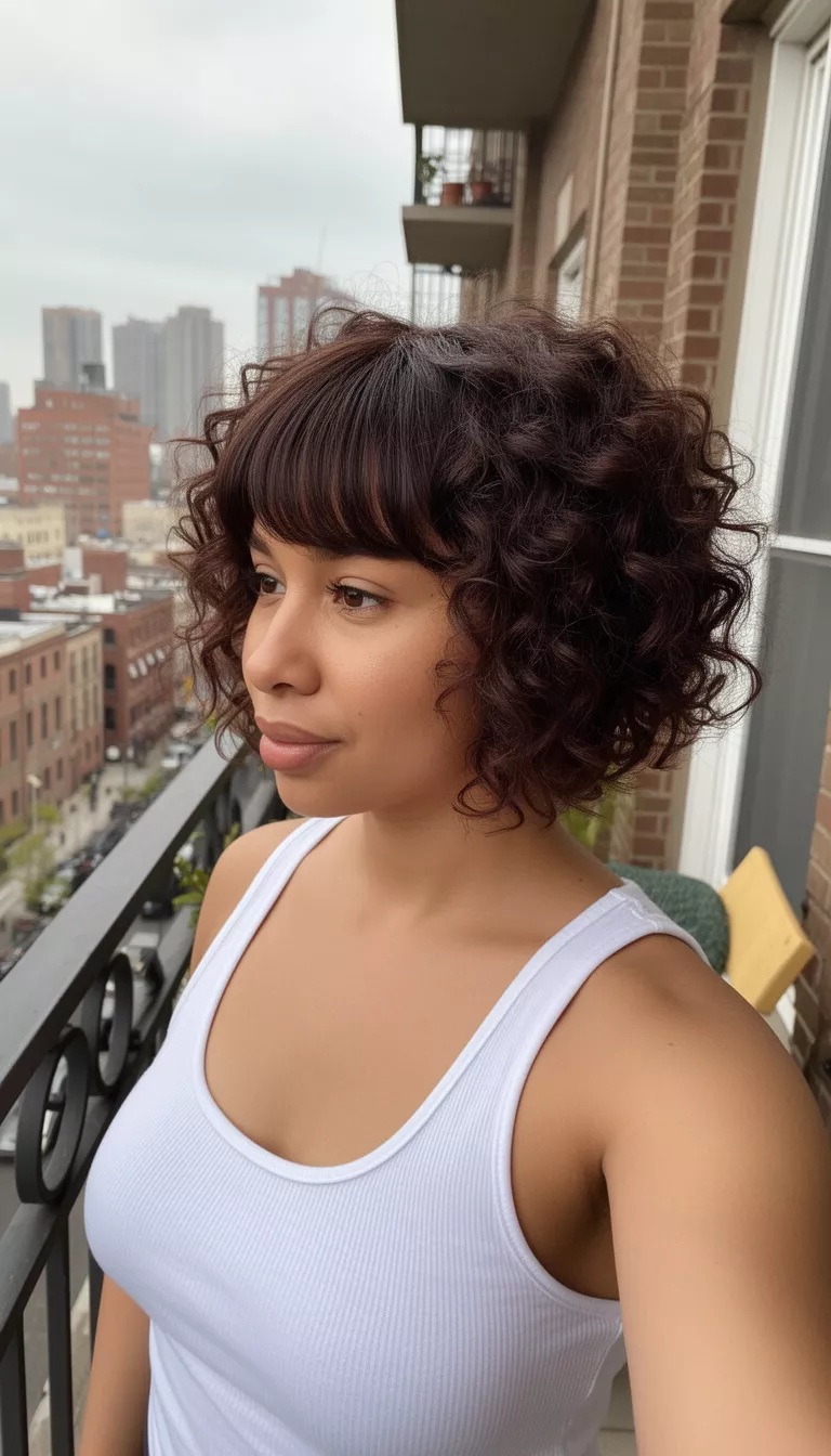 selfie of a 31-year-old woman wearing a white tank top with a dark brown hair colored short curly hairstyle with bangs hairstyle, side view, urban balcony background.
