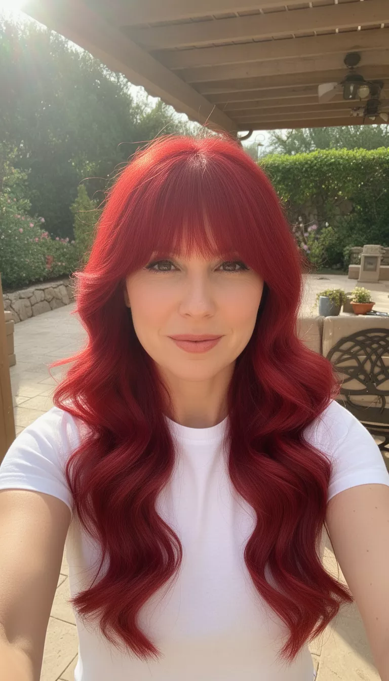 selfie of a 35-year-old woman wearing a white t-shirt with a red hair colored long wavy hair with flowing bangs hairstyle, front view, sun-drenched patio background.