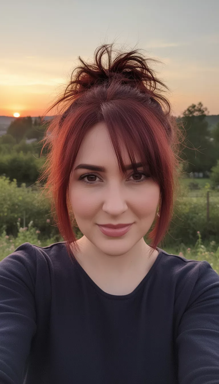 selfie of a 32-year-old woman wearing a dark top with a reddish-brown hair colored short messy half-updo hairstyle, front view, sunset outdoors background.