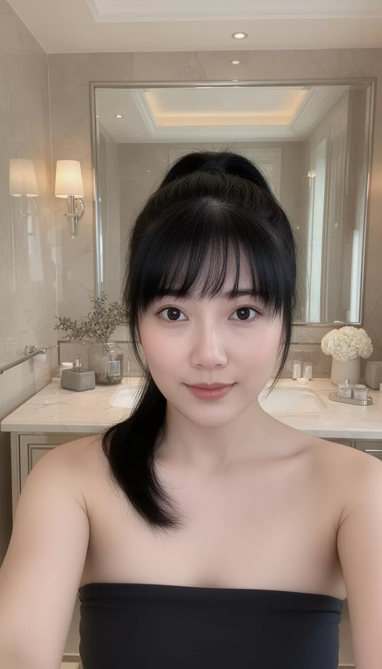 selfie of a 34-year-old woman wearing a strapless top with a black hair colored half-up ponytail hairstyle, front view, luxury bathroom background.
