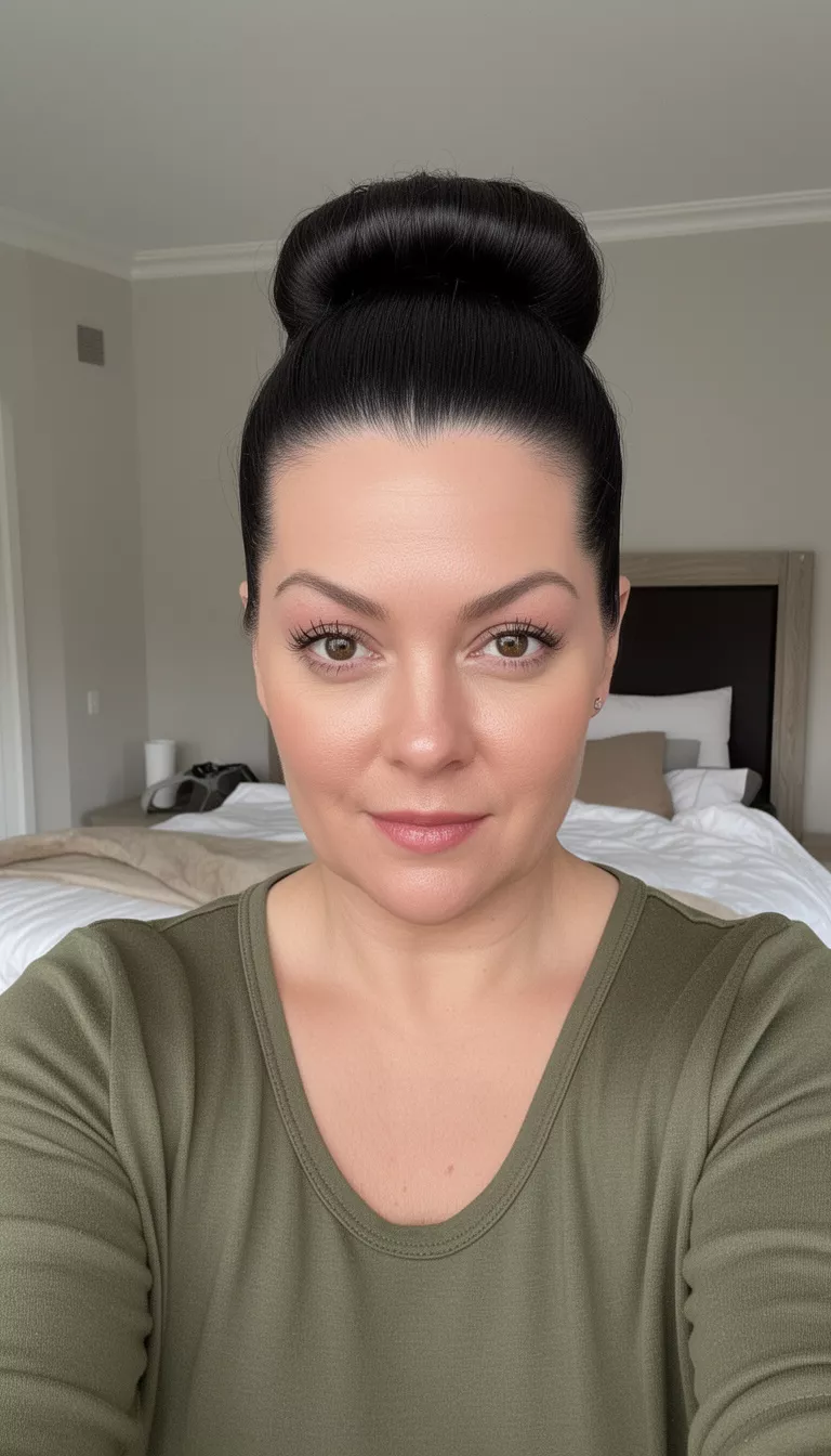 selfie of a 37-year-old woman wearing an olive green top with a dark hair colored slicked-back high bun hairstyle, front view, bedroom setting.