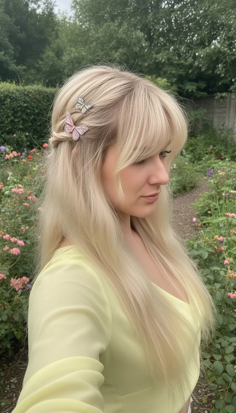 selfie of a 27-year-old woman wearing a pale yellow top with a blonde hair colored long hair with wispy bangs and butterfly clips hairstyle, side view, garden background.