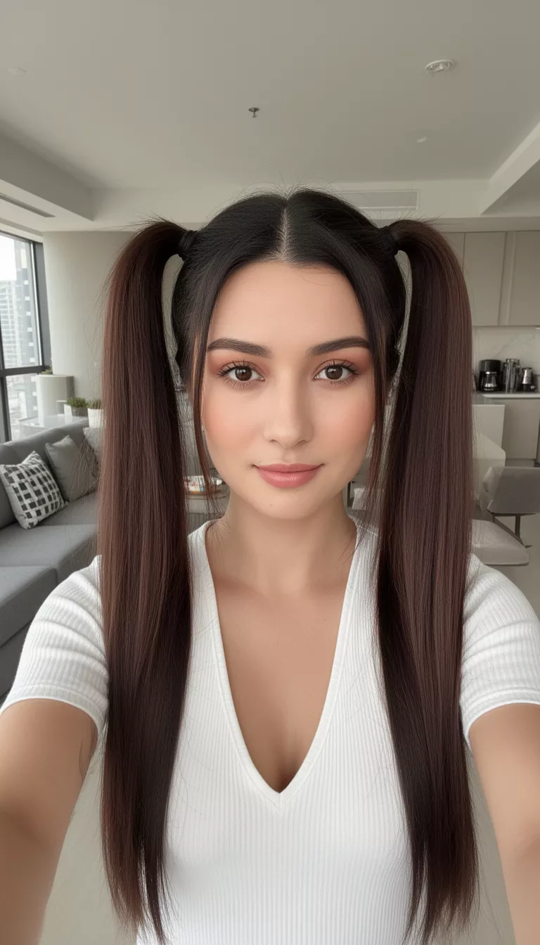 selfie of a 30-year-old woman wearing a white V-neck top with a dark brown hair colored long hair in high pigtails hairstyle, front view, modern apartment background.