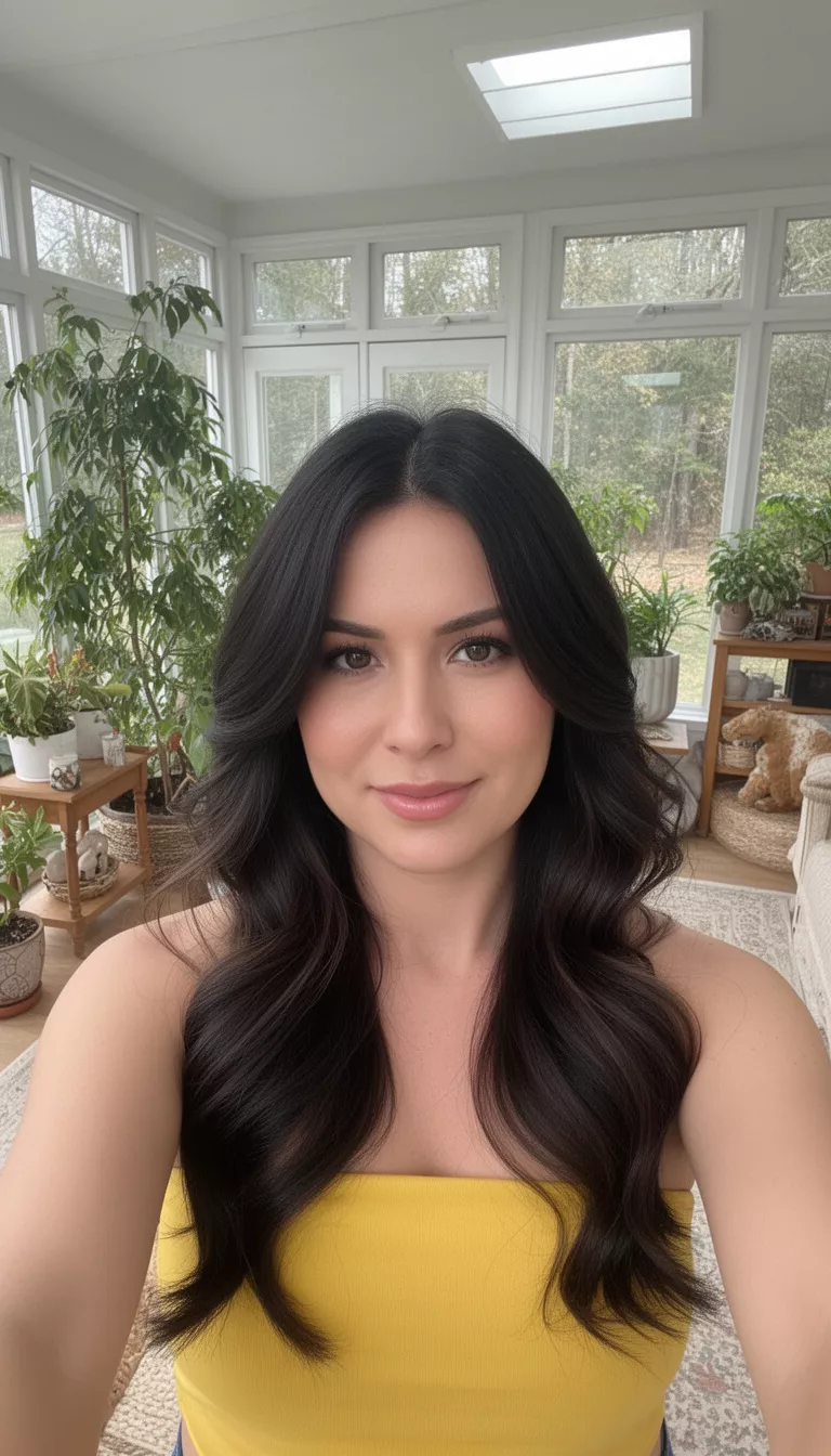 selfie of a 29-year-old woman wearing a yellow tube top with a dark hair colored long wavy hair with face-framing layers hairstyle, front view, cozy indoor sunroom background.