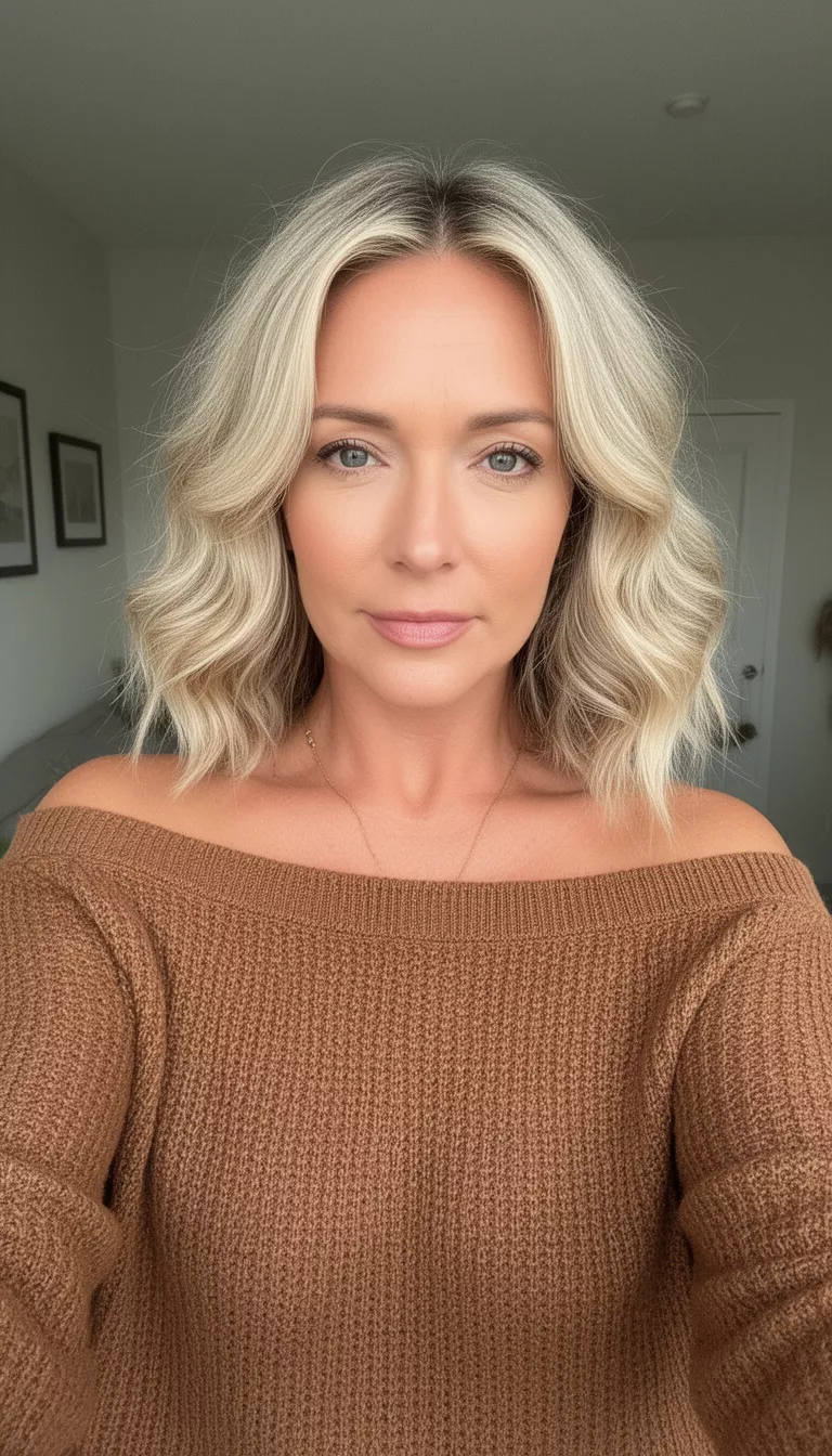 selfie of a 38-year-old woman wearing a brown off-the-shoulder sweater with a blonde colored wavy shoulder-length hairstyle, front view, looking directly at the camera.