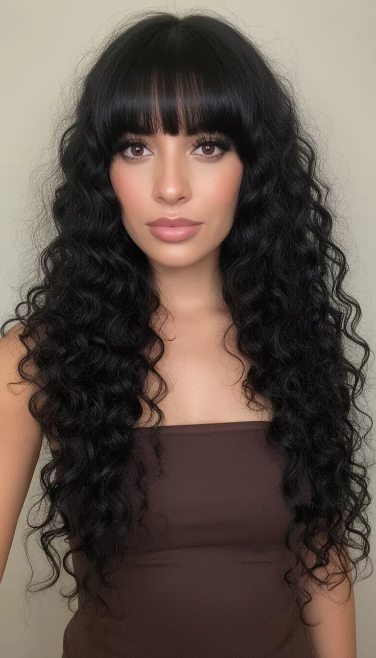 selfie of a 27-year-old woman wearing a dark brown strapless top with a dark black colored very long abundant curly hairstyle and dramatic bangs, front view.