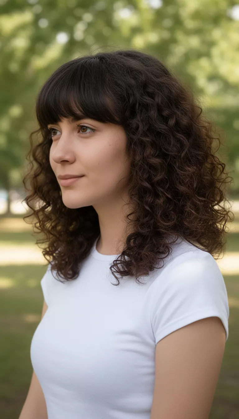 casual photo of a 28-year-old woman wearing a white top with a dark brown colored curly medium-length hairstyle with bangs, side view, posing outdoors.