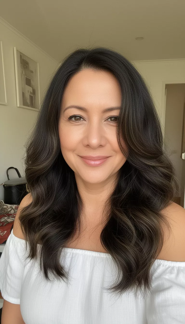 selfie of a 41-year-old woman wearing a white off-the-shoulder top with a dark colored long wavy hairstyle and face-framing layers, front view, smiling slightly.