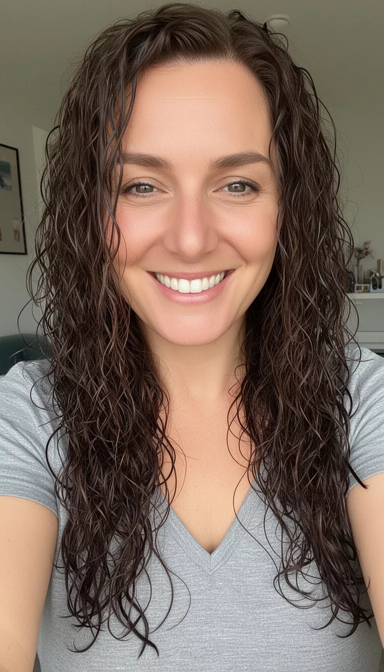 selfie of a 35-year-old woman wearing a grey V-neck top with a dark brown colored long wet-look curly hairstyle, front view, smiling widely.