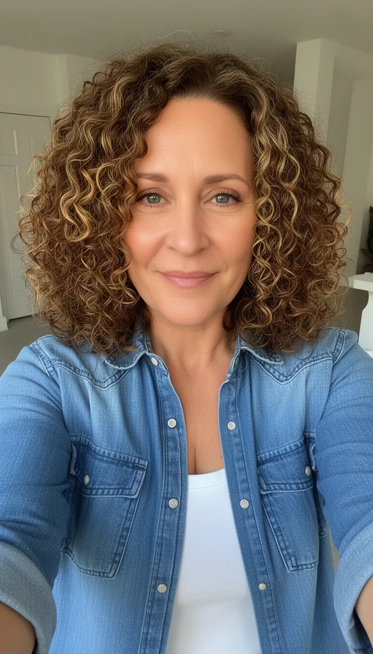 selfie of a 42-year-old woman wearing a blue denim button-up over a white top with a brown colored voluminous medium-length curly hairstyle and highlights, front view.