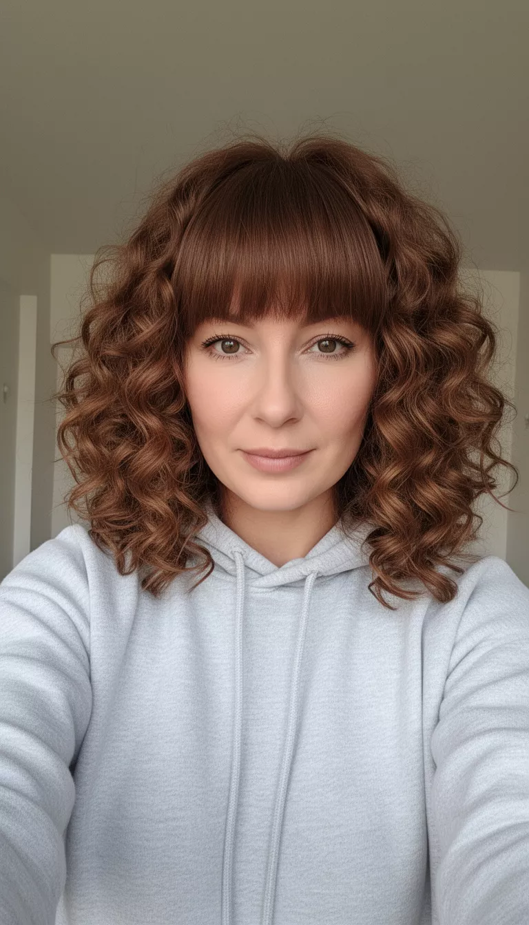 selfie of a 34-year-old woman wearing a light gray hooded sweatshirt with a brown colored voluminous medium-length curly hairstyle and bangs, front view, looking forward.