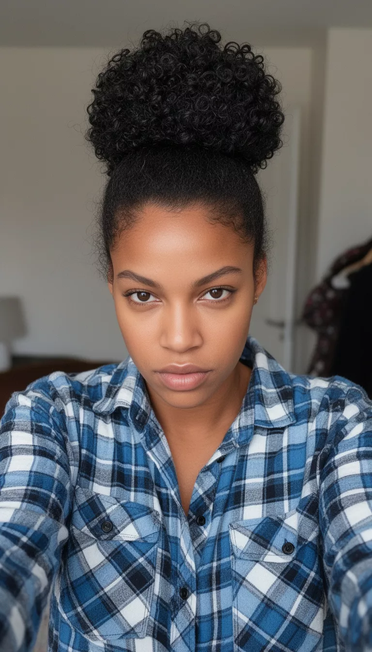 selfie of a 31-year-old woman wearing a blue, white, and black plaid shirt with a dark colored high textured curly bun hairstyle, front view, looking intently.