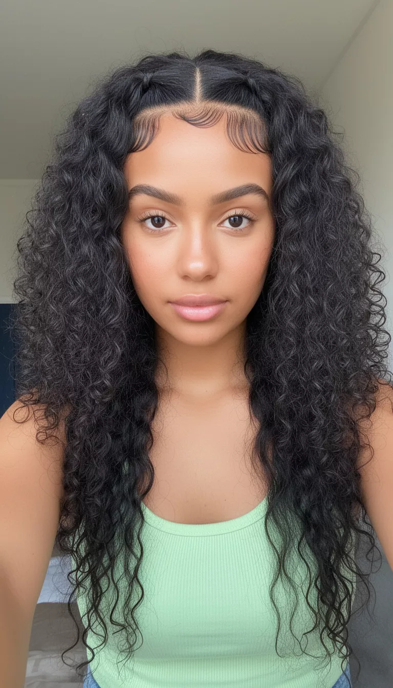 selfie of a 30-year-old woman wearing a light green tank top with a dark colored long voluminous curly hairstyle and soft baby hairs, front view, looking directly forward.