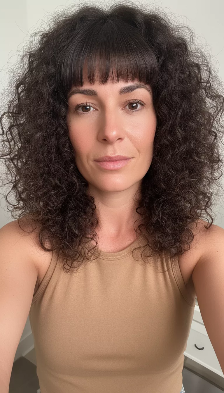 selfie of a 37-year-old woman wearing a tan sleeveless top with a dark brown colored voluminous curly hairstyle and bangs, front view, gazing forward.