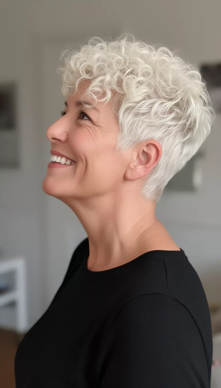casual photo of a 49-year-old woman wearing a black top with a platinum blonde colored very short tightly curled hairstyle, side view, smiling and looking upwards.
