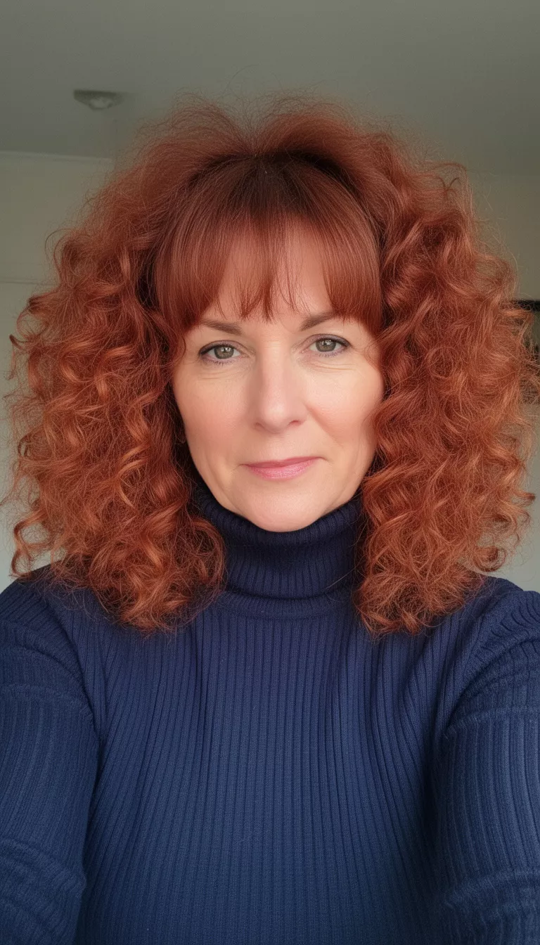selfie of a 40-year-old woman wearing a dark blue ribbed turtleneck with a reddish-brown colored extremely voluminous medium-length curly hairstyle and bangs, front view.