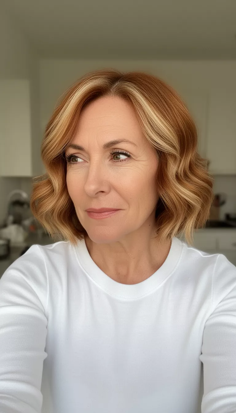 selfie of a 47-year-old woman wearing a white top with an auburn and blonde colored short wavy bob hairstyle, front view, looking slightly left.