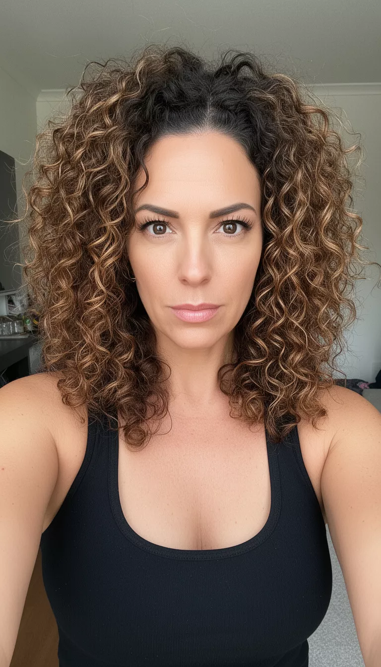 selfie of a 39-year-old woman wearing a black tank top with a highlighted brown colored large curly hairstyle, front view, looking directly at the camera.
