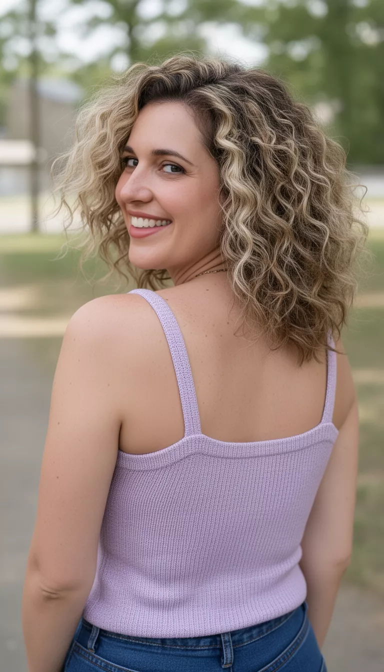casual photo of a 36-year-old woman wearing a light purple knit strap top with a blonde-highlighted brown colored voluminous medium-length curly hairstyle, back view, smiling over her shoulder.