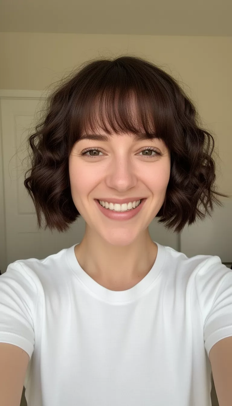 selfie of a 33-year-old woman wearing a white top with a dark brown colored short wavy bob hairstyle, front view, smiling broadly.