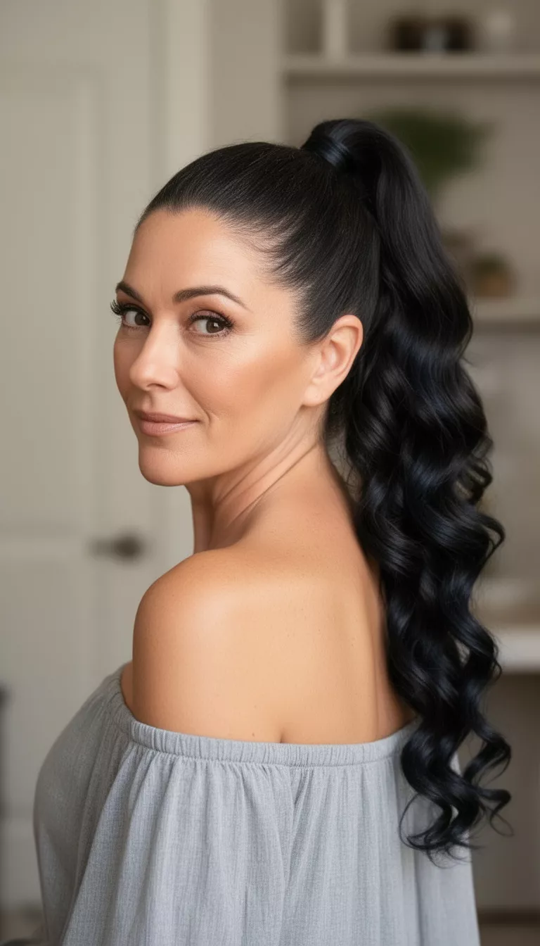 casual photo of a 43-year-old woman wearing an off-the-shoulder garment with a dark colored sleek high curly ponytail hairstyle, side view, looking over her shoulder.