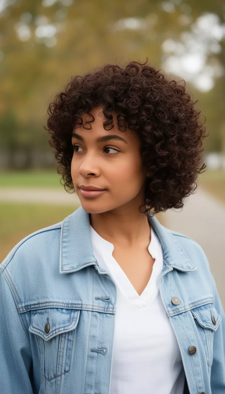 casual photo of a 31-year-old woman wearing a white shirt and light blue denim jacket with a dark brown colored short curly hairstyle, side view, looking slightly away.