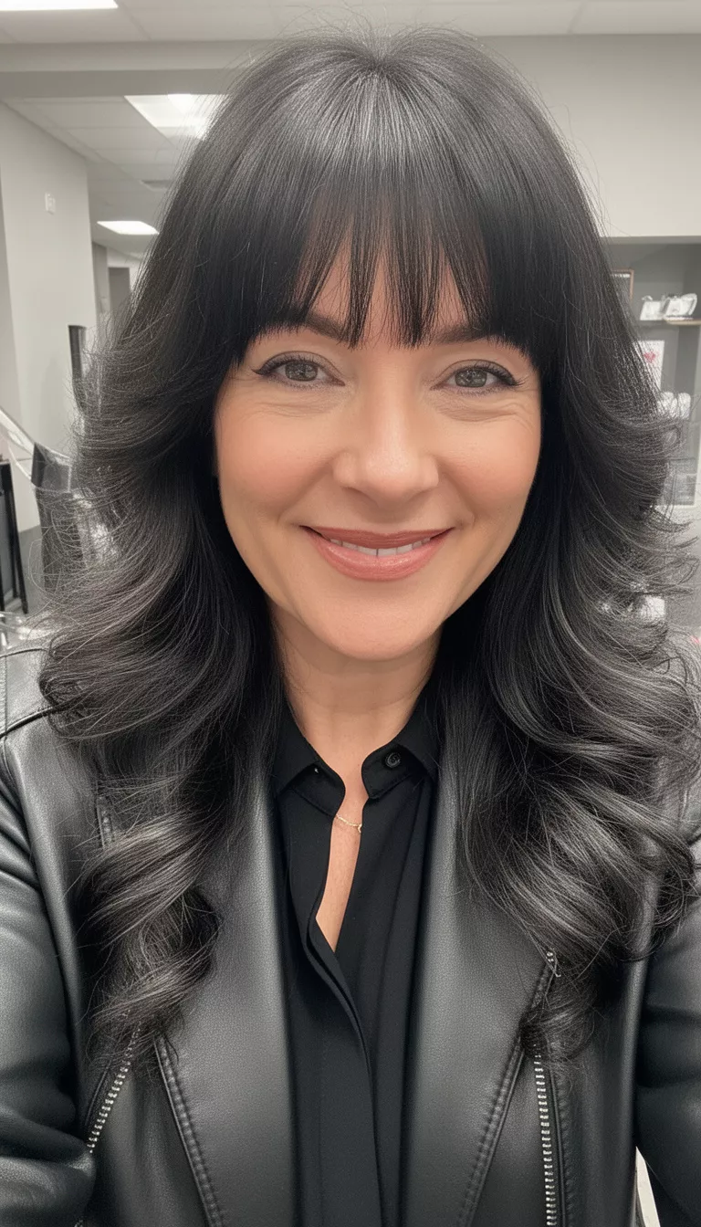 selfie of a 45-year-old woman wearing a black collared top and leather jacket with a dark colored long wavy hairstyle and bangs, front view, smiling in a close-up.