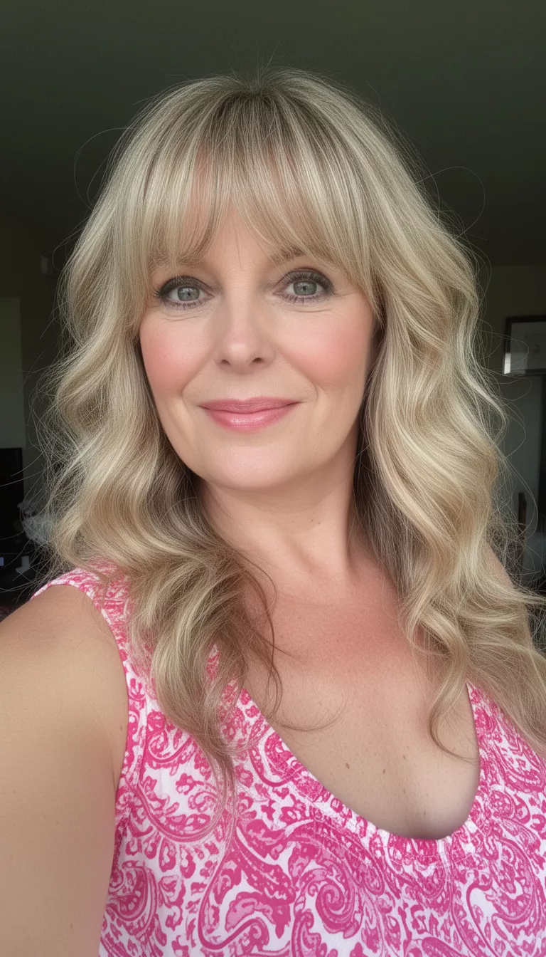 selfie of a 44-year-old woman wearing a pink and white patterned sleeveless top with a blonde colored long wavy hairstyle and wispy bangs, front view, smiling slightly.