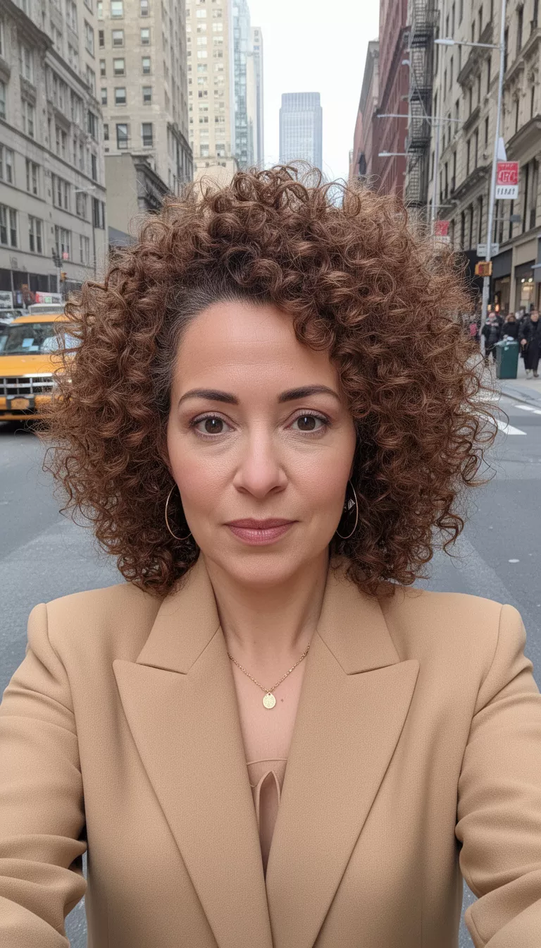 selfie of a 39-year-old woman wearing a tan blazer with a brown colored voluminous tightly curled hairstyle, front view, city street setting.