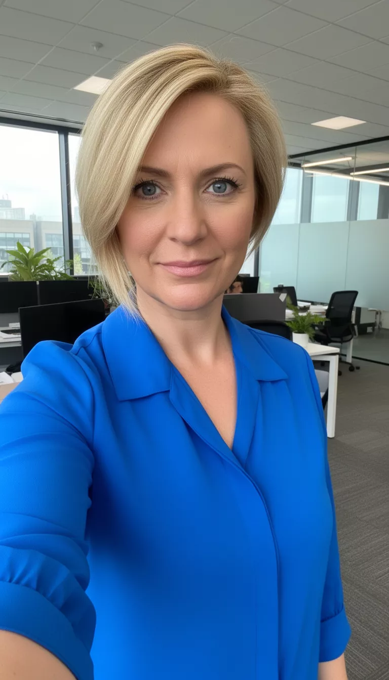 selfie of a 46-year-old woman wearing a bright blue collared top with a blonde colored short side-swept hairstyle, three-quarter front view, modern office background.
