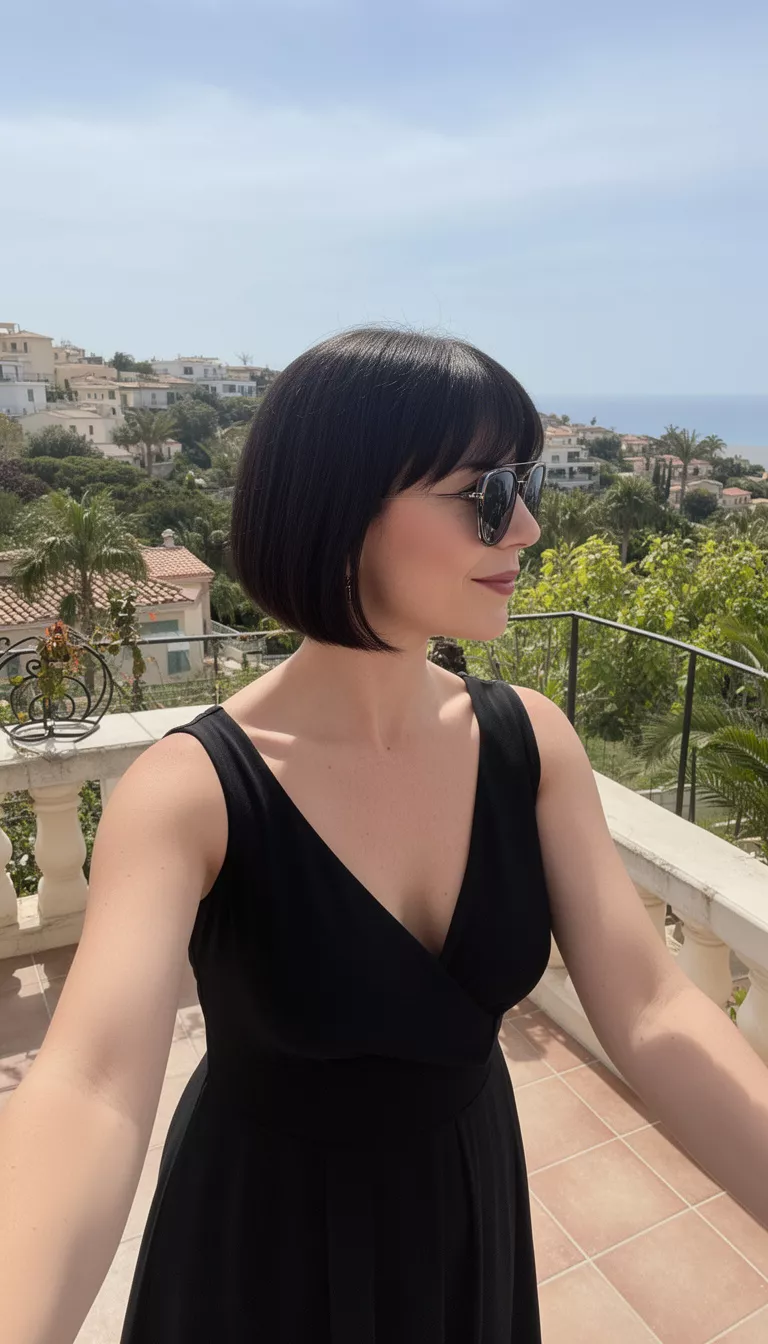 selfie of a 42-year-old woman wearing a black dress and sunglasses with a dark colored short bob hairstyle, side view, outdoor terrace.