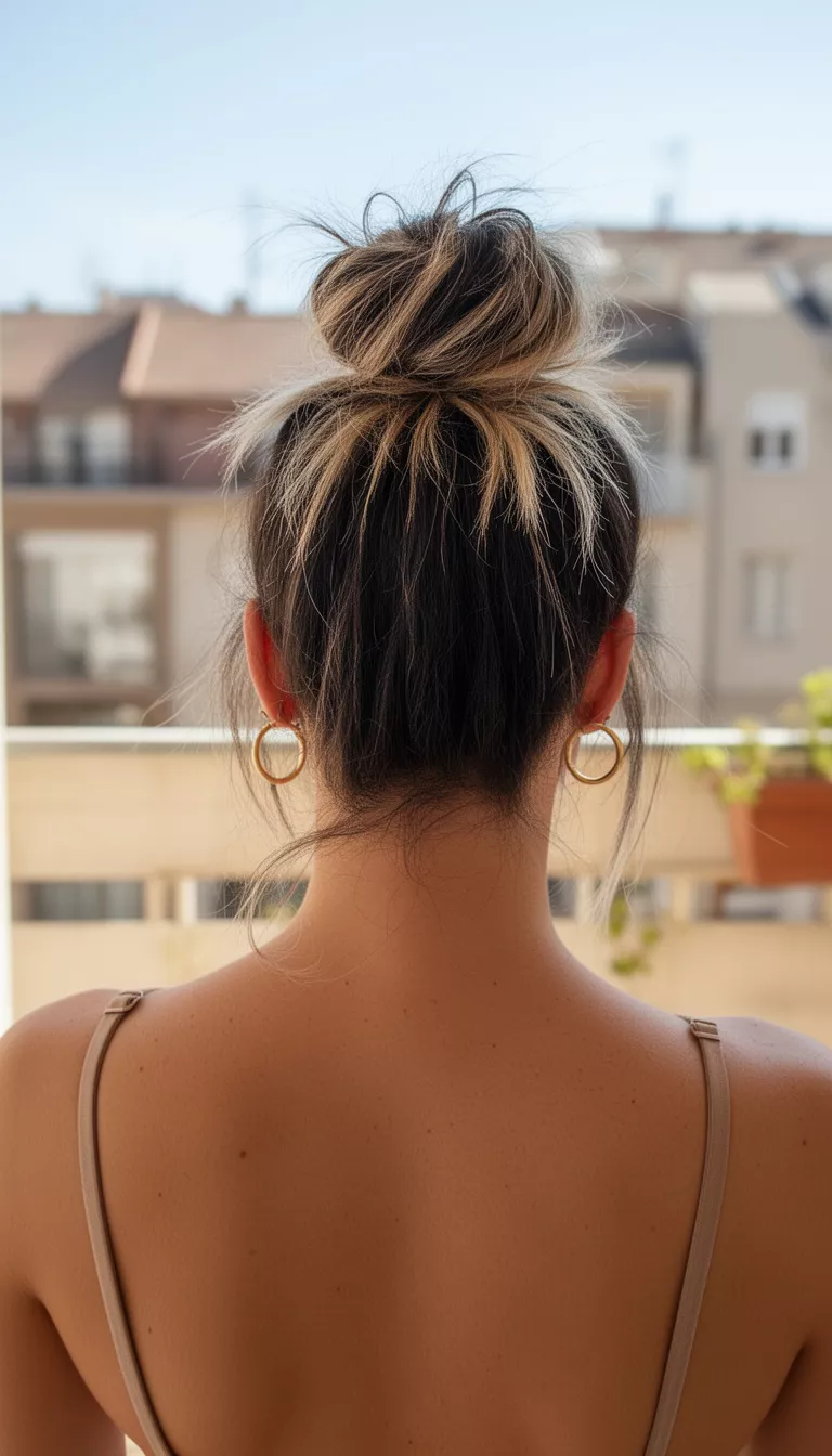 casual photo of a 36-year-old woman wearing gold hoop earrings with a dark with blonde highlights colored messy high bun hairstyle, rear view, sun-drenched balcony.