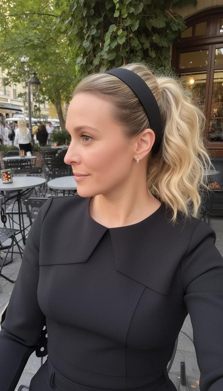 selfie of a 38-year-old woman wearing a black structured top with a blonde colored wavy hair pulled back half-up with a black headband hairstyle, side view, outdoor cafe.