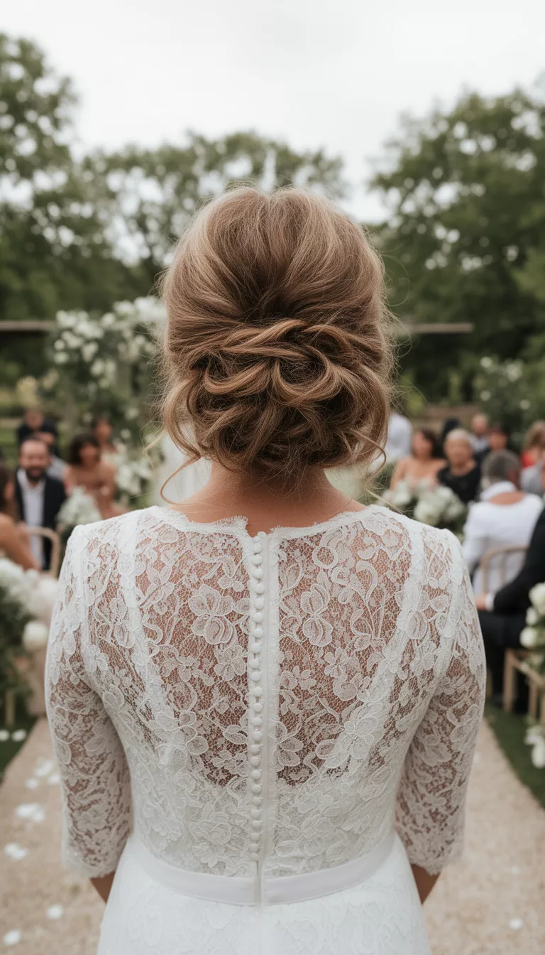 casual photo of a 48-year-old woman wearing a white lace top with a light brown colored voluminous messy low updo hairstyle, rear view, elegant outdoor wedding.