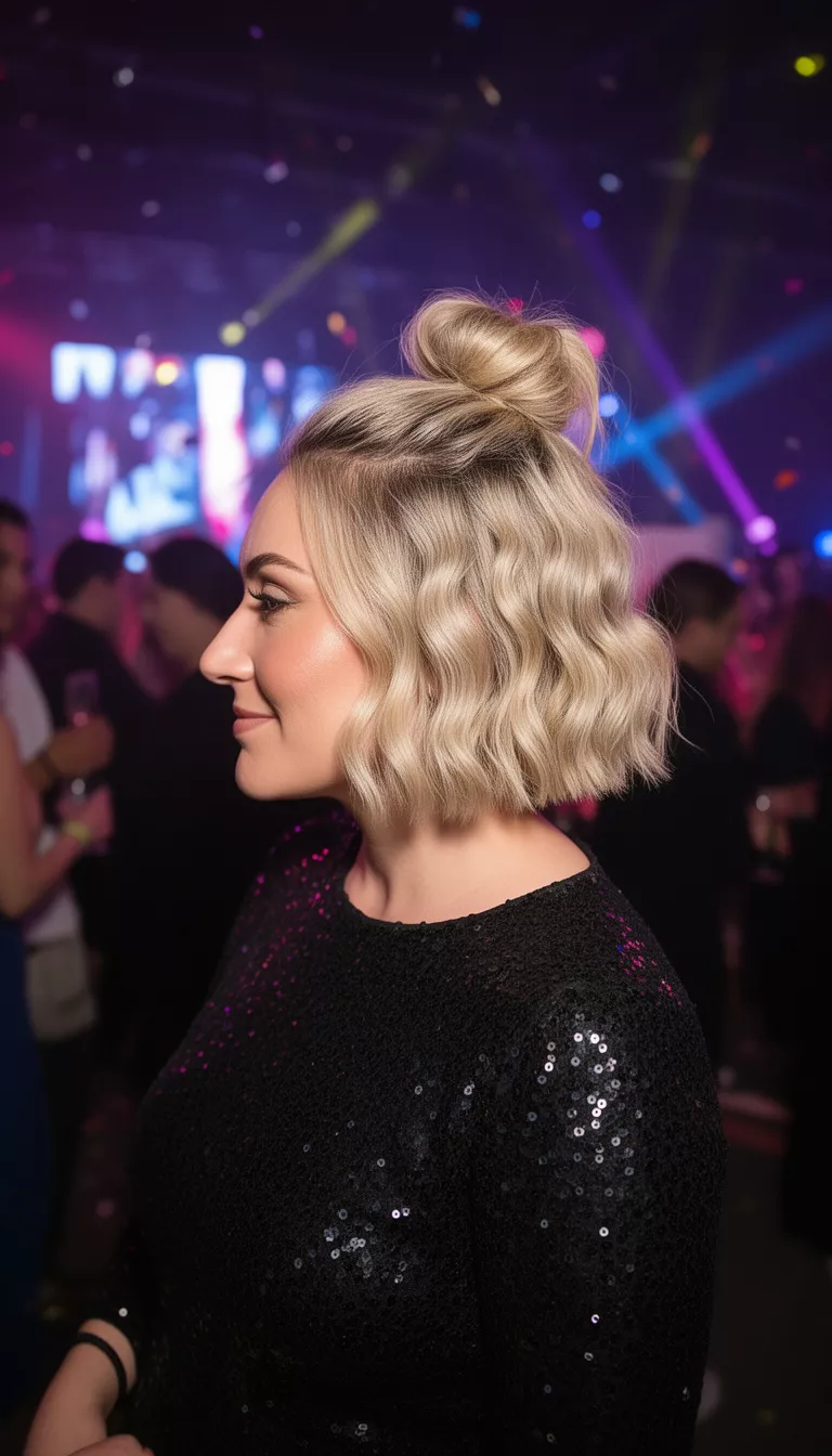 selfie of a 34-year-old woman wearing a black sequined top with a blonde colored short wavy bob with a half-up topknot hairstyle, profile view, night party setting.