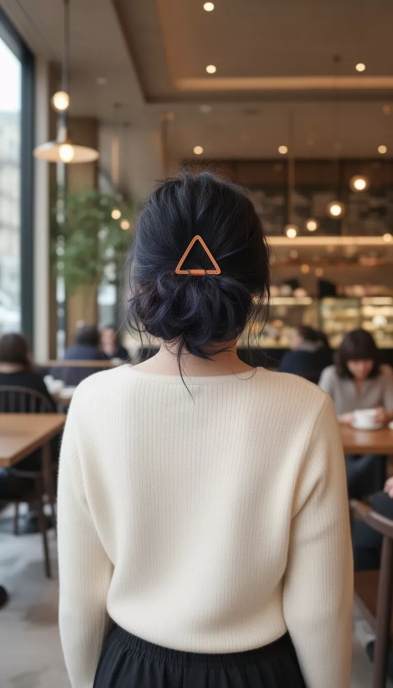 casual photo of a 34-year-old woman wearing a cream top with a dark colored messy bun secured with a leather triangle hair barrette hairstyle, rear view, upscale cafe setting.