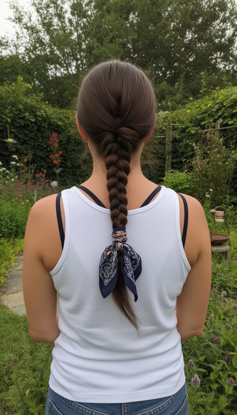 casual photo of a 38-year-old woman wearing a white tank top with a dark colored braid accented with a patterned scarf braided hairstyle, back view, outdoor garden setting.