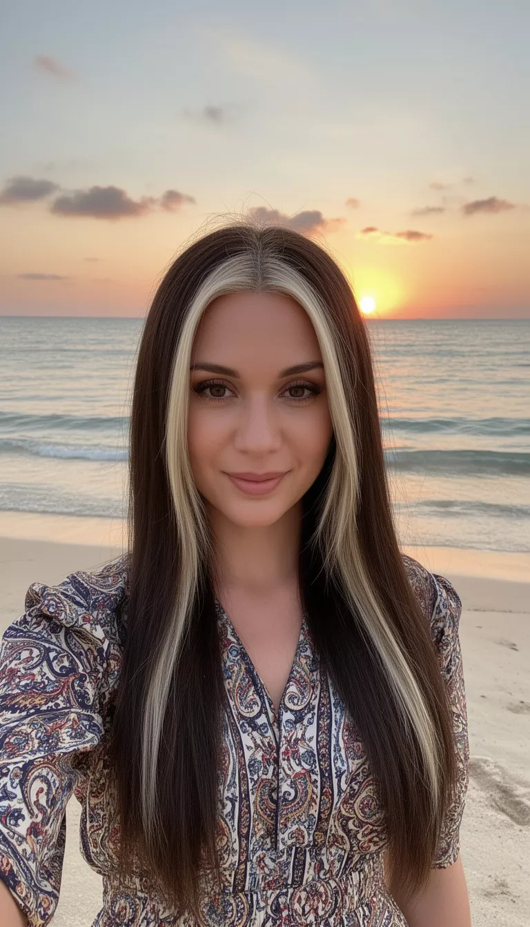 selfie of a 31-year-old woman wearing a patterned dress with a long dark brown colored blonde money piece highlights hairstyle, front view, sunset beach background.