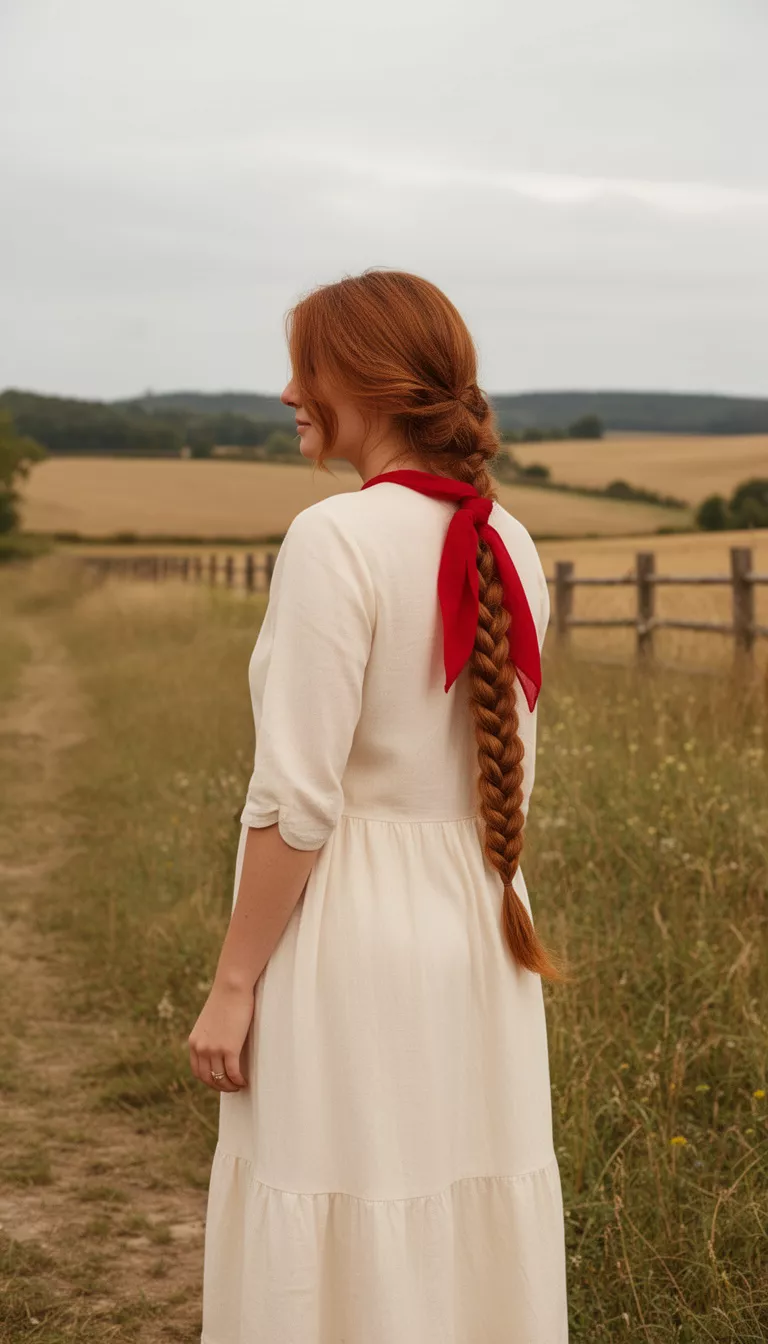 casual photo of a 35-year-old woman wearing a cream dress with a long auburn colored thick braid with a red scarf hairstyle, back/side view, rustic countryside.