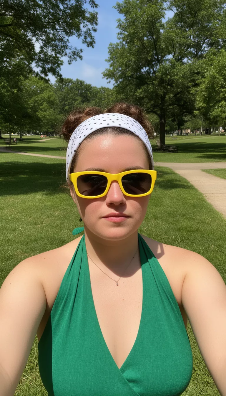 selfie of a 27-year-old woman wearing a green halter top and yellow sunglasses with a white polka-dot bandana hairstyle, front view, sunny park.