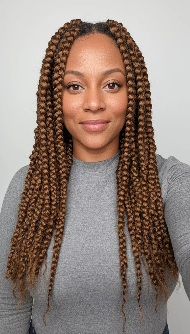 selfie of a 35-year-old woman wearing a grey top with a long brown colored bubble braids interwoven hairstyle, front view, studio lighting.